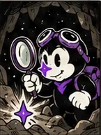 Starmole, loupe à la main dans une galerie sombre, découvre une étoile violette enfouie.