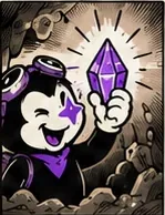 Starmole, ravi, brandit un cristal violet qui rayonne.