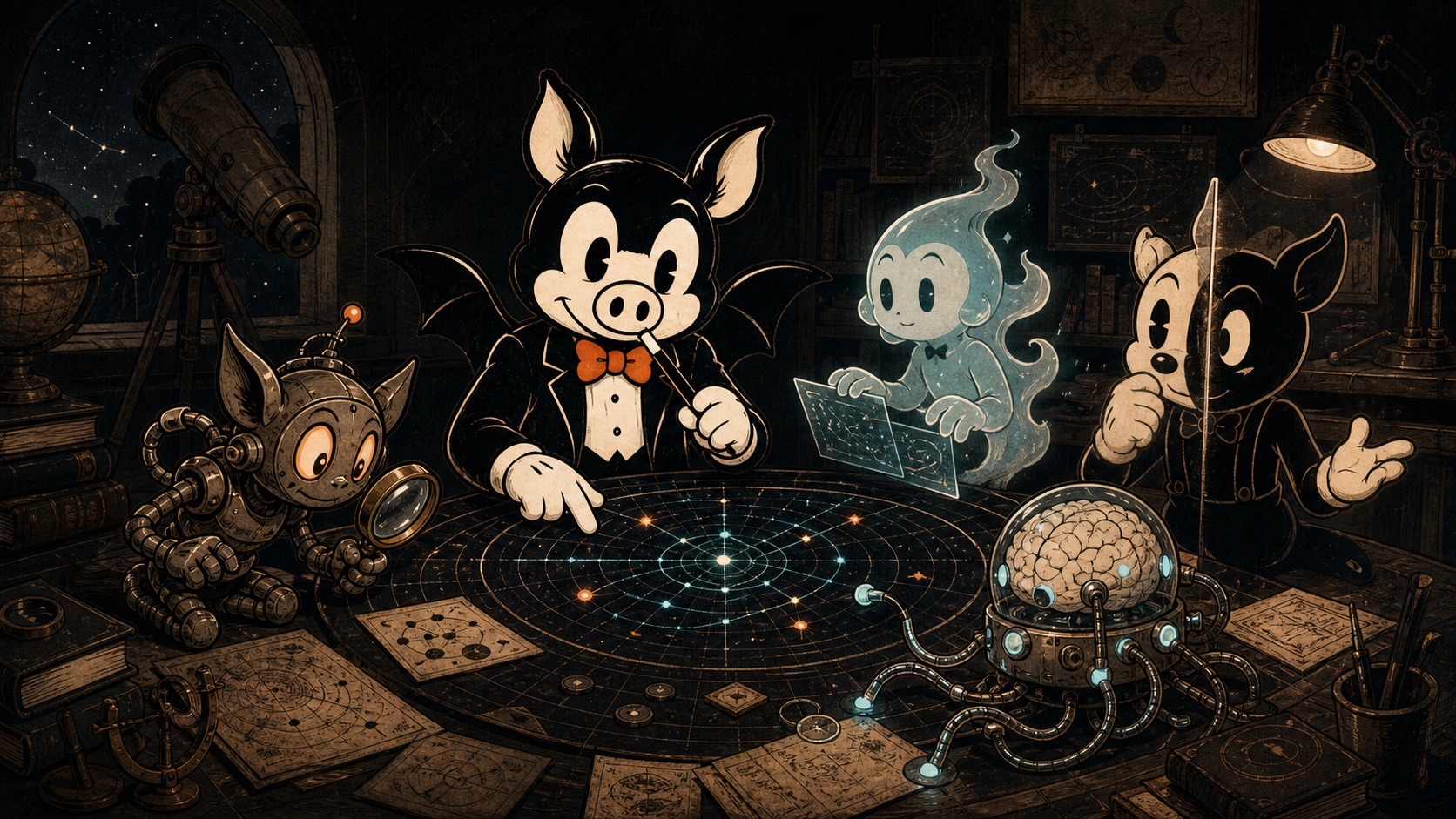 The HOCUS mascot coordinating specialized technology assistants in an observatory workshop