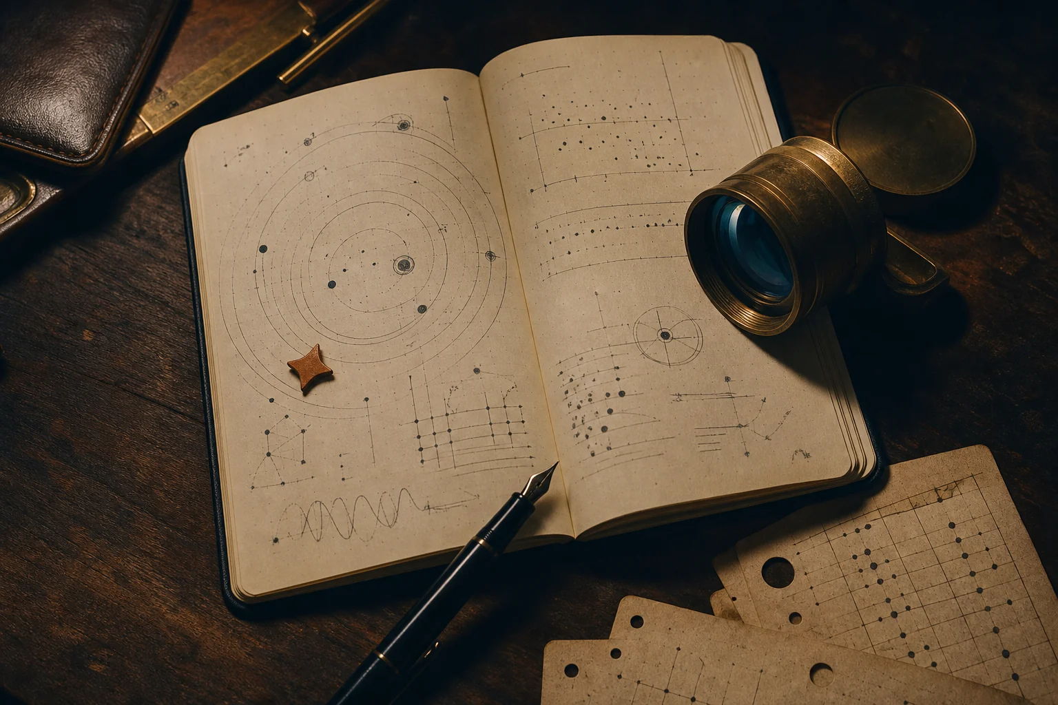 A field notebook with hand-drawn astronomical charts, a lens and data cards