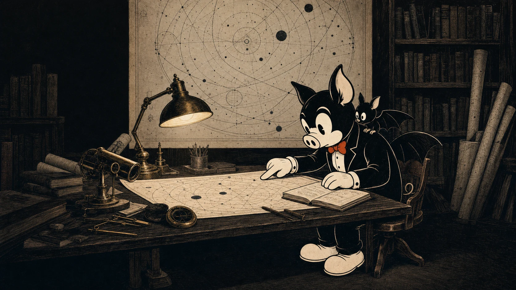 Bat Pig and Bat Bat studying a constellation map in the observatory