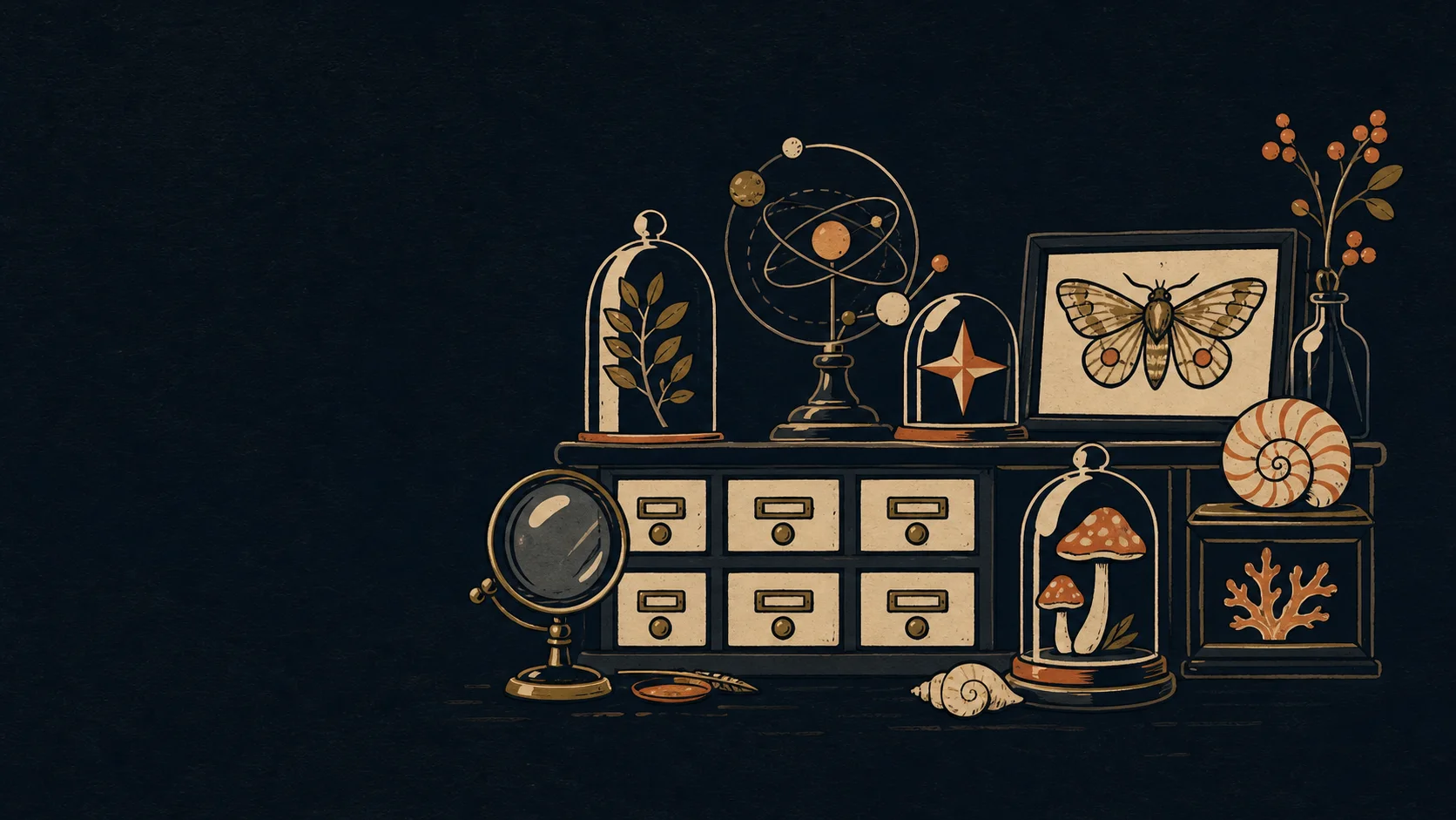 An illustrated cabinet of instruments, specimens and celestial diagrams