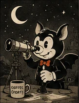 La mascotte de HOCUS observe le ciel à la longue-vue, la nuit, une tasse de café à côté.