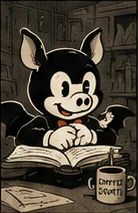 La mascotte de HOCUS lit un grand registre ouvert sur son bureau.