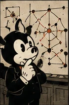 La mascotte de HOCUS, pensive, devant un tableau de points reliés entre eux.