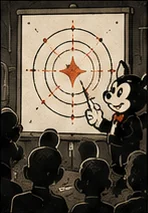 La mascotte de HOCUS présente une cible à une salle attentive.