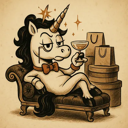 The Unicorn, a top customer, sips a glass on its chaise longue, surrounded by bags.